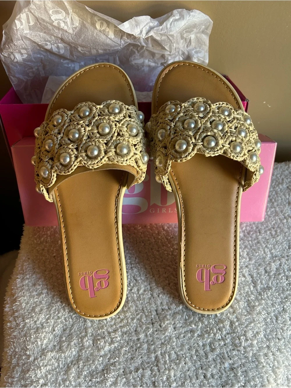 GB Girls Pearl Crochet Slide Sandals - Cream